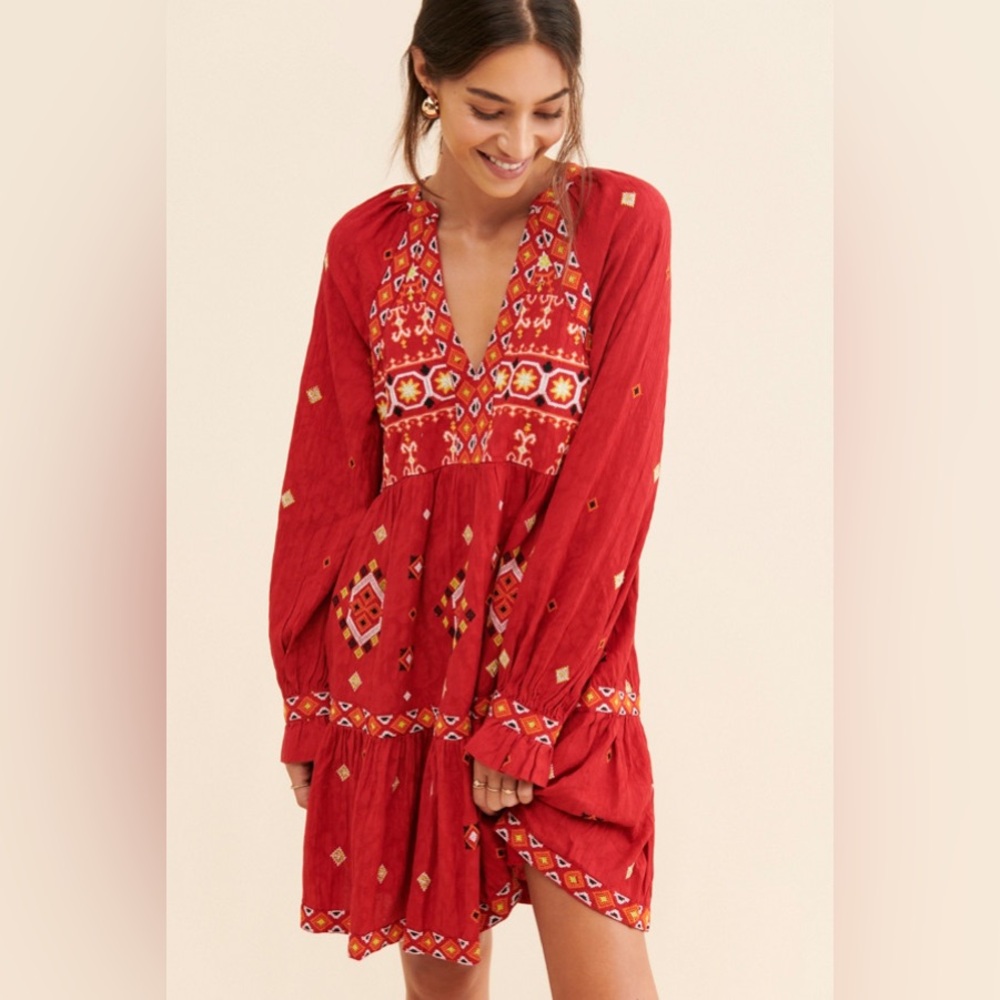ANTHROPOLOGIE Embroidered Red Tunic Mini Dress Cotton Boho Long Sleeve Large